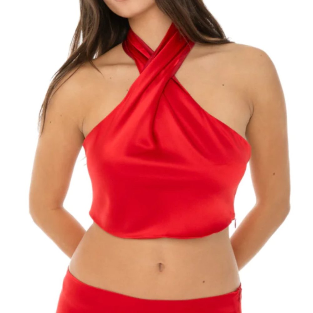 ARE YOU AM I ILTA RED SILK HALTER CROP TOP